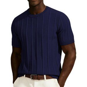 Men's Navy Blue Short Sleeve Crewneck Tee Shirt Ribbed Knit Tee Imported T-shirt